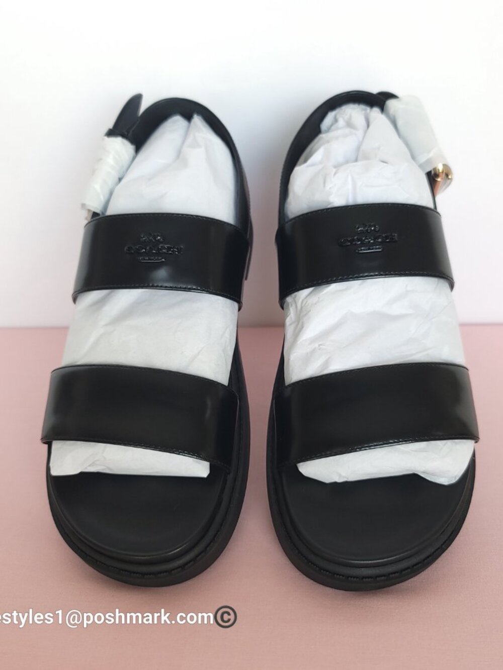 COACH Lockup Two Band Spazzolato Leather Sandals - Black color. Women's US 8.5B⭐ - Picture 7 of 16